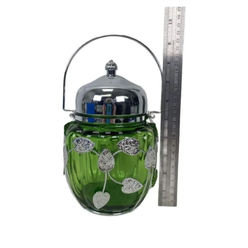 Vintage Green Ribbed Melon Glass, Musical BISCUIT JAR, Ice Bucket 1980s